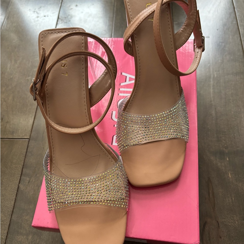 Allegra K Tan Ankle Strap Heels with Rhinestones. This is for sale